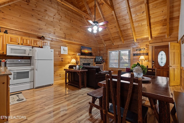 dining area featuring light wood-type flooring, wooden walls, beam ceiling, wooden ceiling, and a fireplace