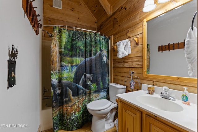 full bathroom featuring shower / bathtub combination with curtain, lofted ceiling, toilet, wooden walls, and vanity