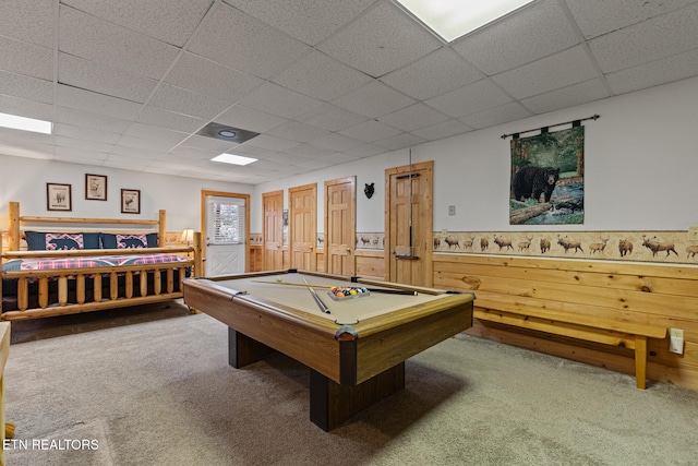 rec room with a paneled ceiling, carpet flooring, and billiards