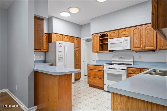 kitchen featuring kitchen peninsula, white appliances, and sink