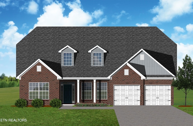 view of front facade featuring driveway, a garage, a shingled roof, a front yard, and brick siding