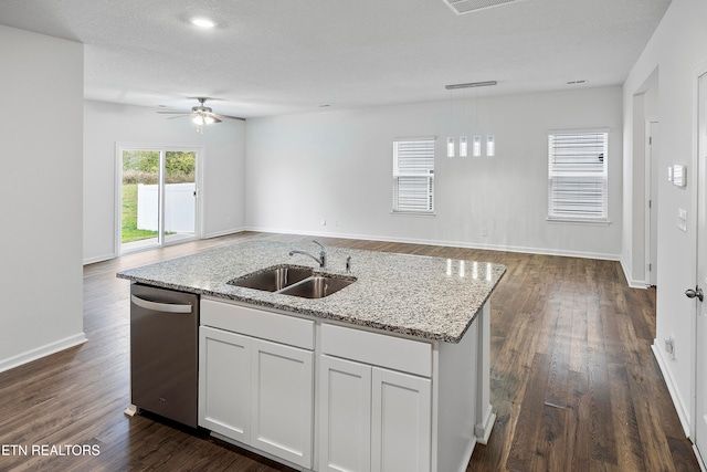 kitchen with white cabinets, sink, ceiling fan, decorative light fixtures, and dark hardwood / wood-style flooring