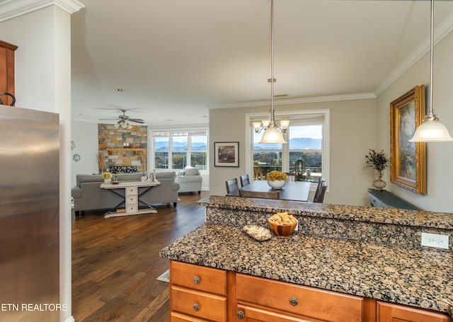 kitchen featuring stainless steel fridge, crown molding, dark wood-type flooring, and a wealth of natural light