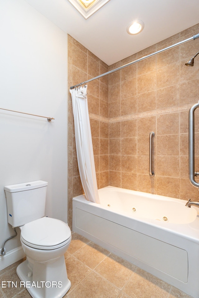 bathroom with tile patterned flooring, toilet, and shower / bath combo with shower curtain