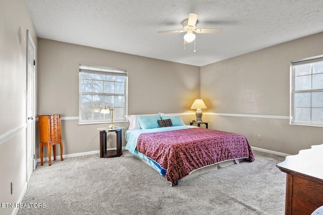 bedroom with carpet, a textured ceiling, and multiple windows