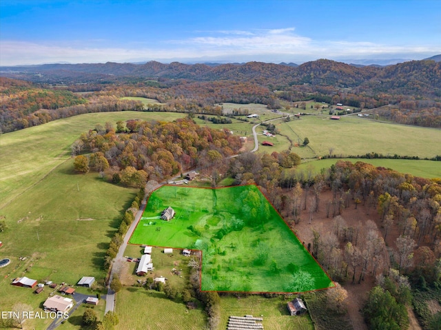 drone / aerial view with a mountain view and a rural view