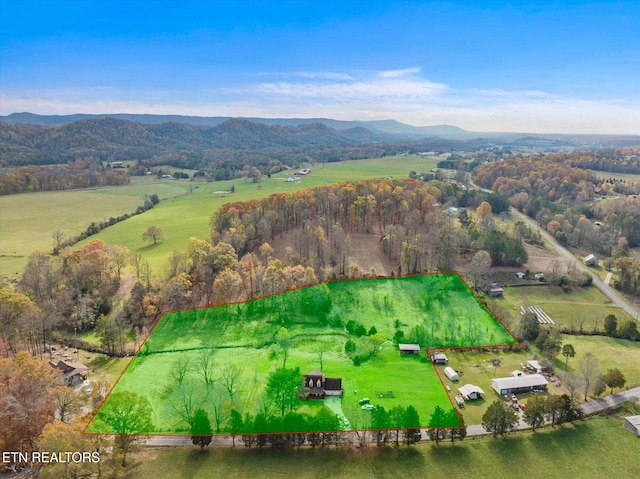 drone / aerial view featuring a mountain view