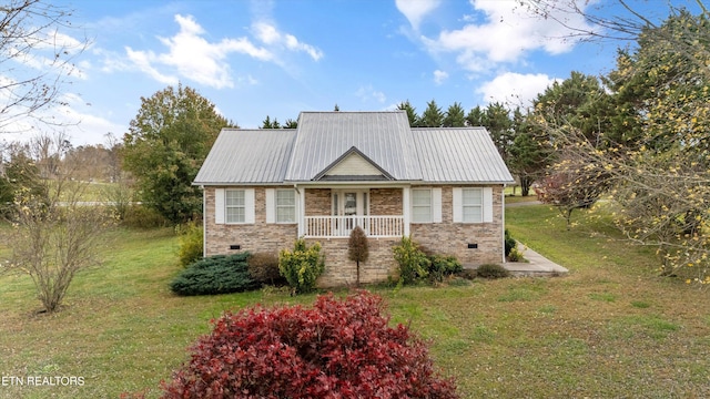 view of front of home with a porch and a front yard