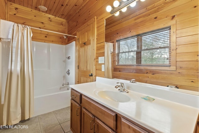 bathroom with tile patterned floors, shower / bath combination with curtain, wood ceiling, and wooden walls