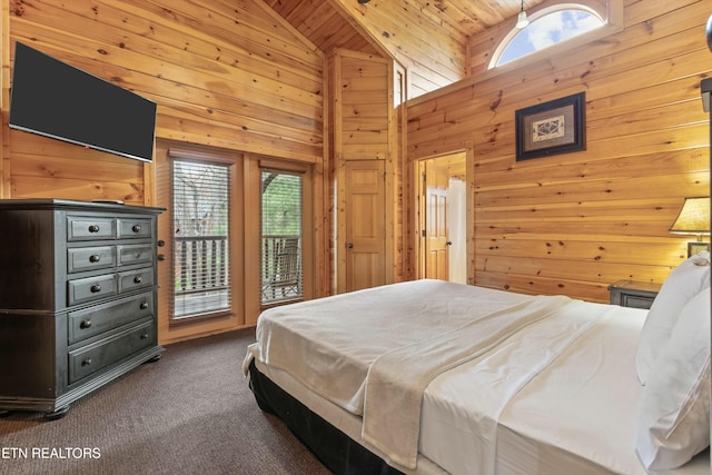 bedroom featuring wood ceiling, access to outside, dark colored carpet, high vaulted ceiling, and wood walls