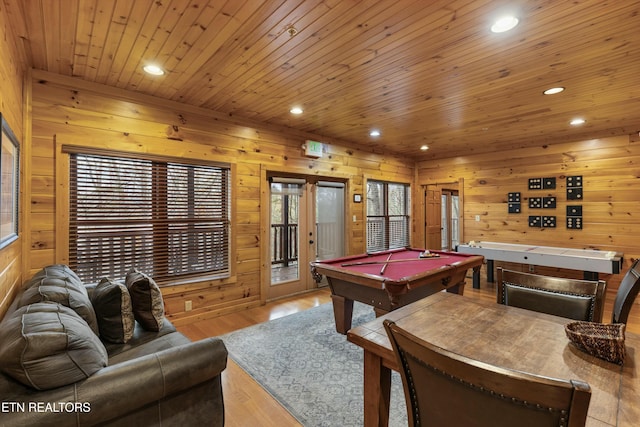 playroom featuring wooden walls, hardwood / wood-style floors, wood ceiling, and pool table