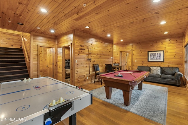 recreation room with wooden ceiling, light hardwood / wood-style flooring, wooden walls, and billiards