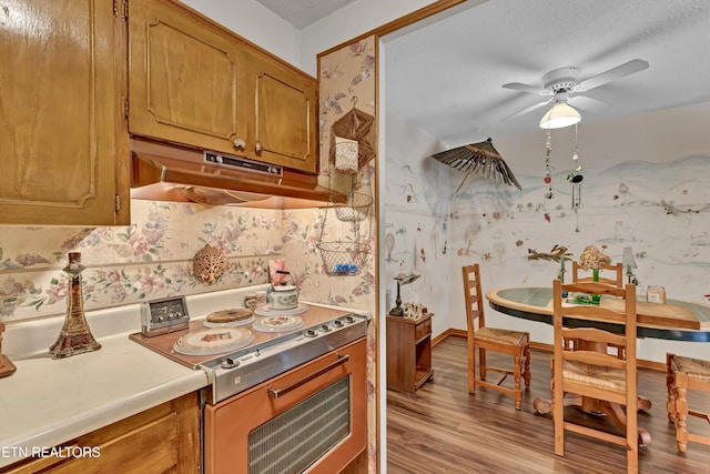 kitchen with stainless steel electric stove, ceiling fan, and light wood-type flooring