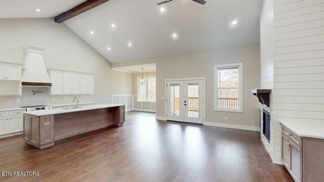 kitchen featuring high vaulted ceiling, a sink, tasteful backsplash, custom exhaust hood, and dark wood-style flooring