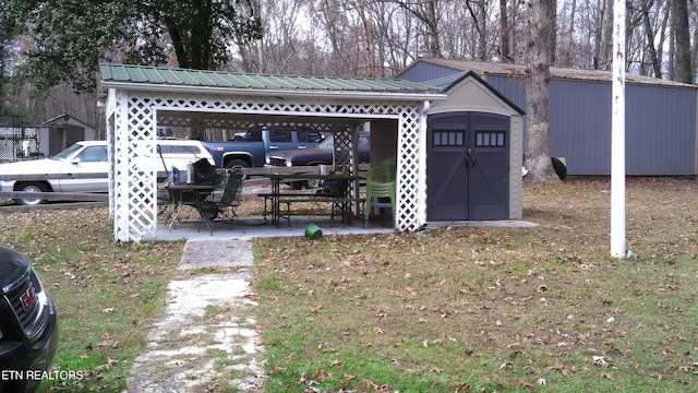 exterior space with a shed