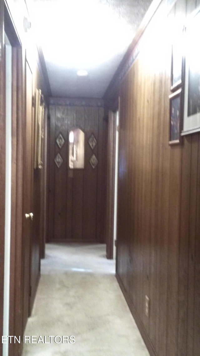 corridor with light carpet and wooden walls