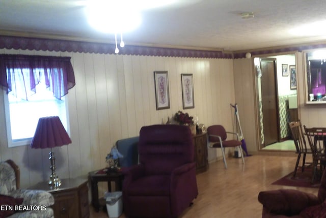 living room featuring wooden walls