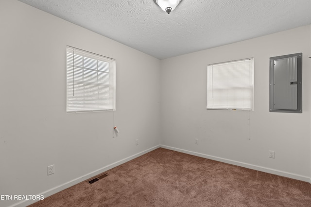 unfurnished room featuring carpet flooring, a textured ceiling, and electric panel