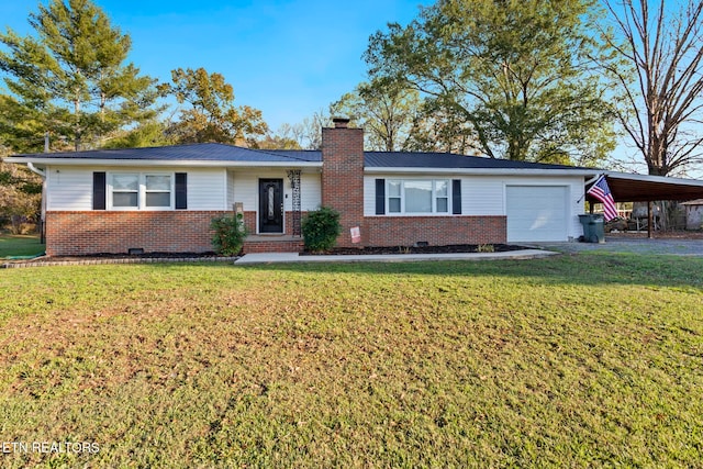 single story home with a garage, a front yard, and a carport