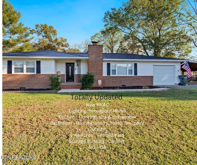 ranch-style home with a garage and a front lawn