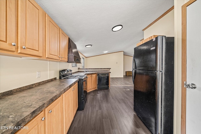 kitchen featuring premium range hood, a textured ceiling, vaulted ceiling, black appliances, and dark hardwood / wood-style floors