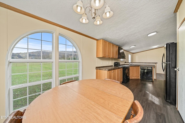 dining room featuring dark hardwood / wood-style flooring, ornamental molding, a textured ceiling, and vaulted ceiling