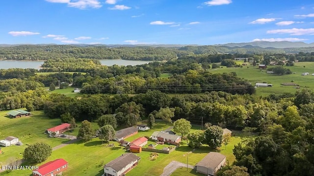 drone / aerial view with a water and mountain view