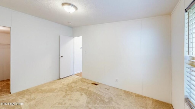 spare room featuring light carpet and a textured ceiling