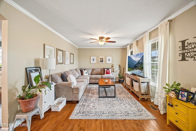 living room with hardwood / wood-style floors, ceiling fan, and ornamental molding