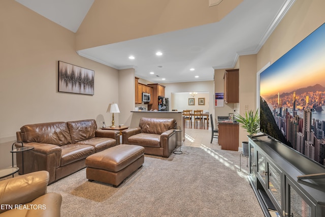 living room featuring light colored carpet and crown molding