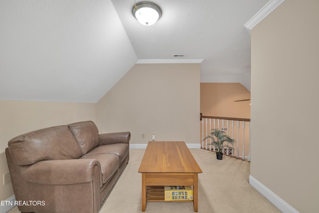 living room with light carpet, crown molding, and vaulted ceiling