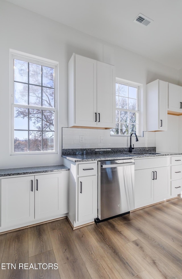 kitchen with stainless steel dishwasher, white cabinets, and a wealth of natural light