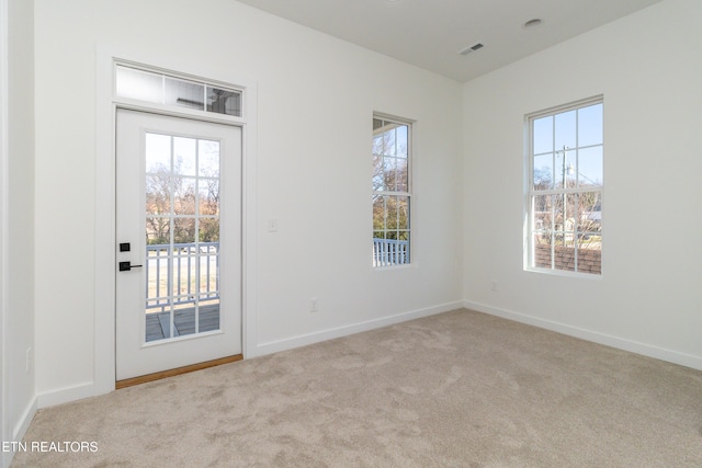 doorway featuring light colored carpet and a wealth of natural light