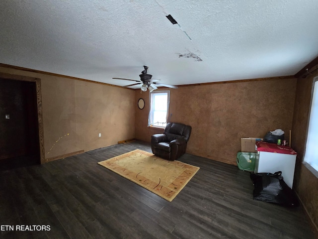 unfurnished room featuring a textured ceiling, dark hardwood / wood-style floors, ceiling fan, and ornamental molding