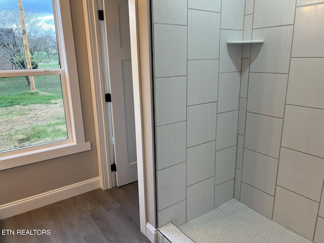 bathroom with hardwood / wood-style flooring