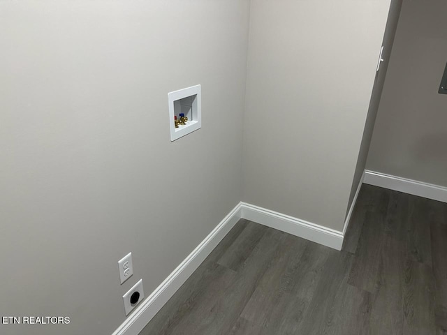 clothes washing area with electric dryer hookup, dark hardwood / wood-style floors, and washer hookup