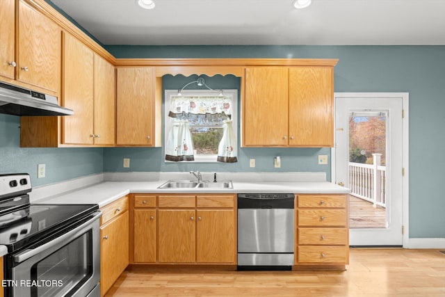 kitchen with light wood-type flooring, sink, and appliances with stainless steel finishes