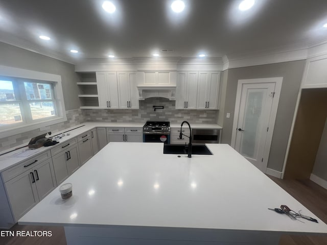 kitchen featuring stainless steel range, custom exhaust hood, open shelves, light countertops, and a sink