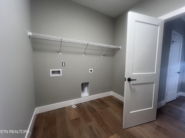 washroom featuring washer hookup, electric dryer hookup, baseboards, and wood finished floors