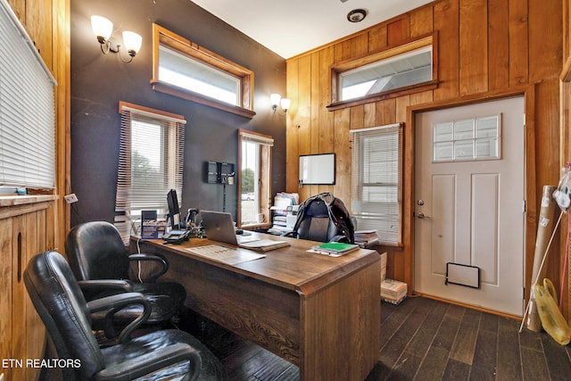 office featuring wood walls and dark wood-type flooring