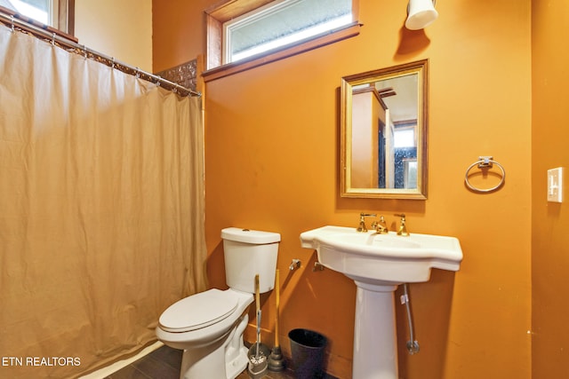 bathroom featuring a shower with curtain, toilet, and sink