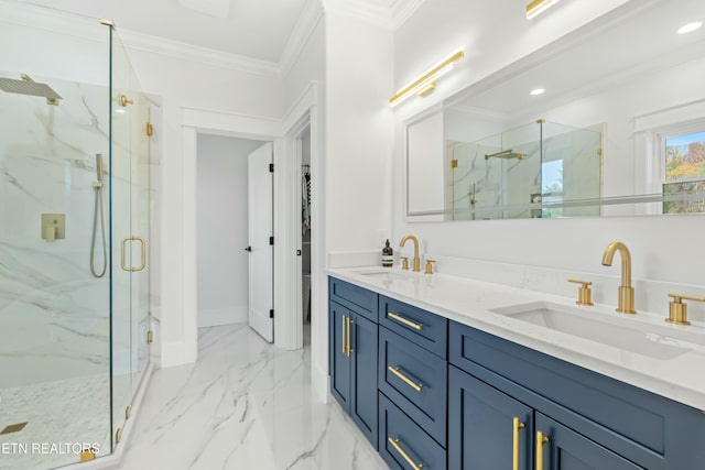 bathroom with vanity, a shower with shower door, and crown molding