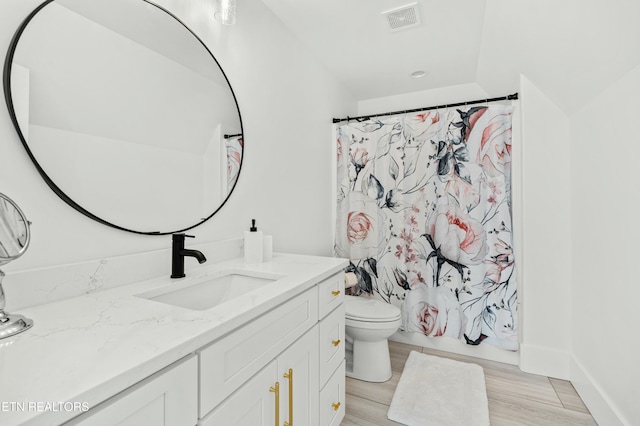 bathroom featuring vanity, wood-type flooring, and toilet