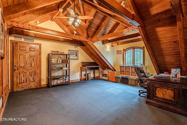 unfurnished office featuring vaulted ceiling with beams, ceiling fan, and wood ceiling