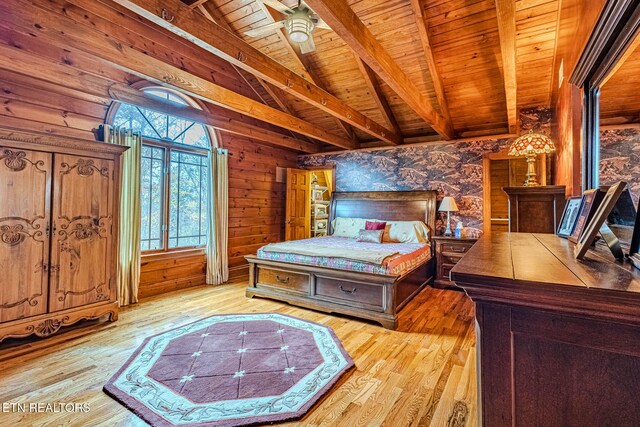 bedroom featuring light wood-type flooring, lofted ceiling with beams, wooden walls, and wood ceiling