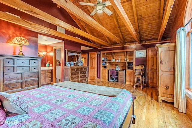 bedroom with vaulted ceiling with beams, light hardwood / wood-style floors, wooden ceiling, and ceiling fan