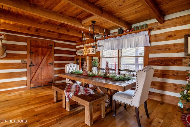 dining room with beam ceiling, wood walls, wooden ceiling, and light wood-type flooring