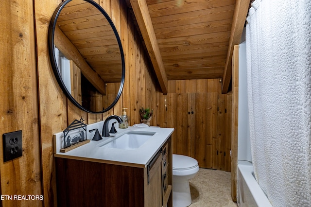 full bathroom with vanity, wooden ceiling, shower / bath combination with curtain, wooden walls, and toilet