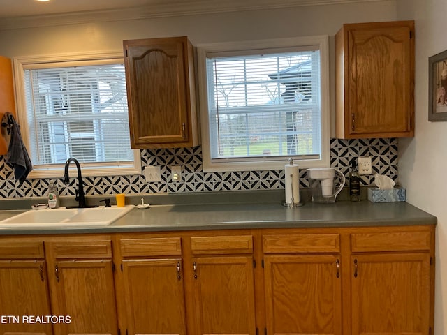 kitchen with crown molding, sink, and tasteful backsplash