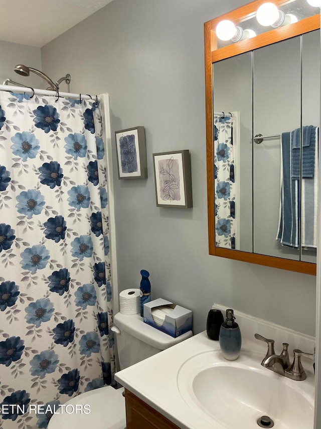 bathroom featuring a shower, vanity, and toilet